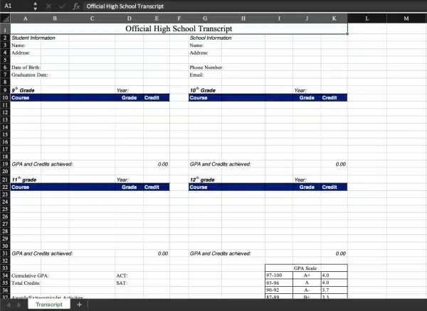 high school transcript template image with a filled template